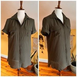 Covington Women Tunic Blouse Small Short Sleeve Button Front Collar Olive Green